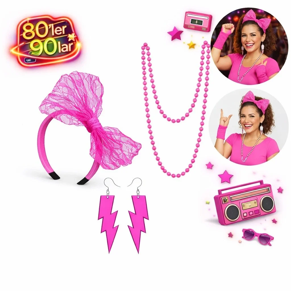 İthalat® 80’ler 90’lar Neon Pembe Parti Seti – Kolye Küpe Taç