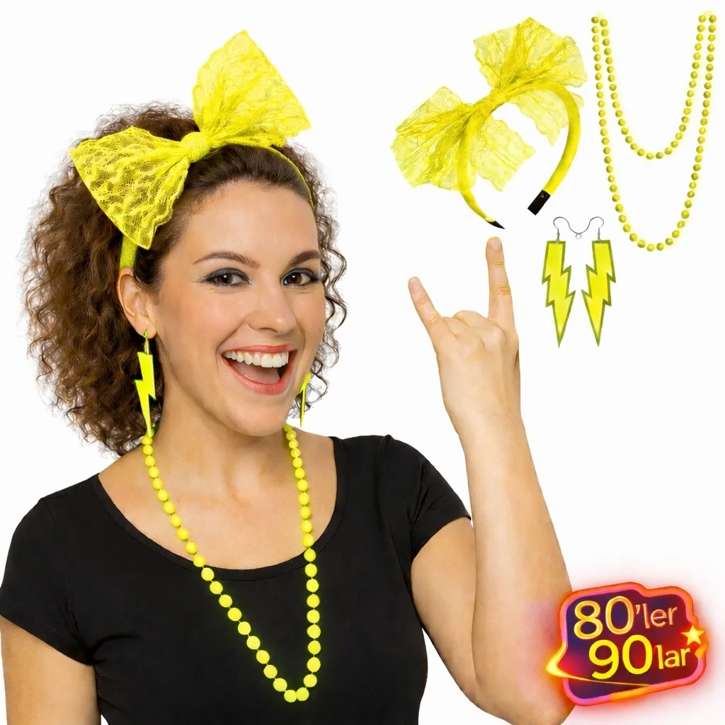 İthalat® 80’ler 90’lar Neon Sarı Parti Seti – Kolye Küpe Taç