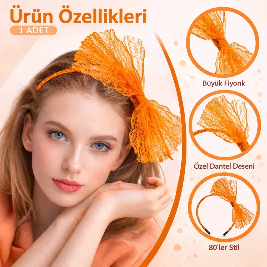 İthalat® 80’ler 90’lar Neon Turuncu Dantel Taç Fiyonklu