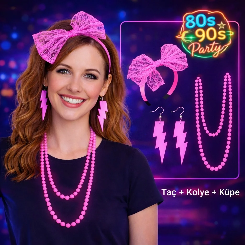 İthalat® 80’ler 90’lar Neon Pembe Parti Seti – Kolye Küpe Taç