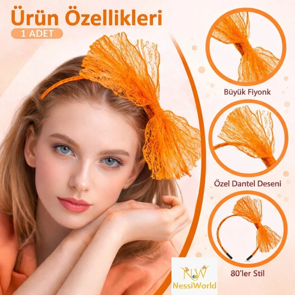 İthalat® 80’ler 90’lar Neon Turuncu Dantel Taç Fiyonklu