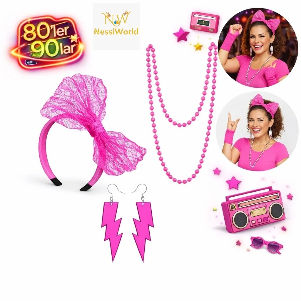 İthalat® 80’ler 90’lar Neon Pembe Parti Seti – Kolye Küpe Taç