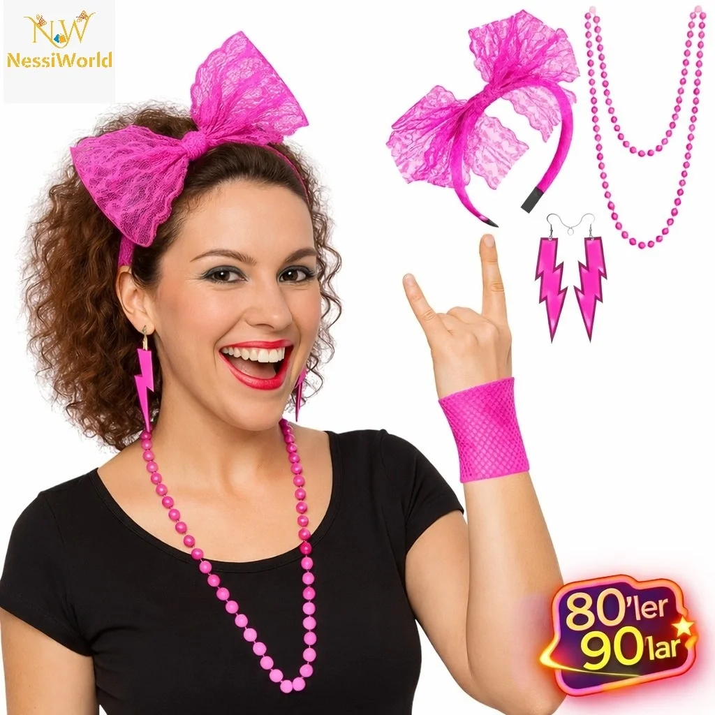 İthalat® 80’ler 90’lar Neon Pembe Parti Seti – Kolye Küpe Taç