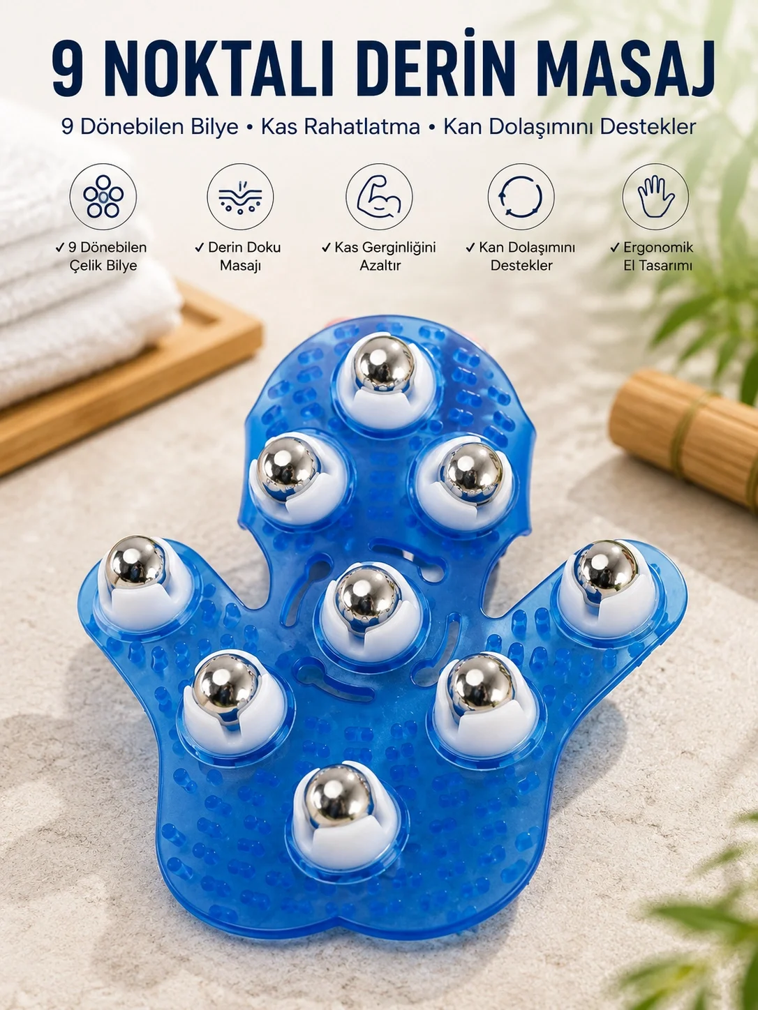 İthalat® 9 Bilyeli El Şeklinde Omuz Bacak Masaj Aleti Masaj Eldiveni Giyilebilir Plastik Vücut Sıkılaştırıcı