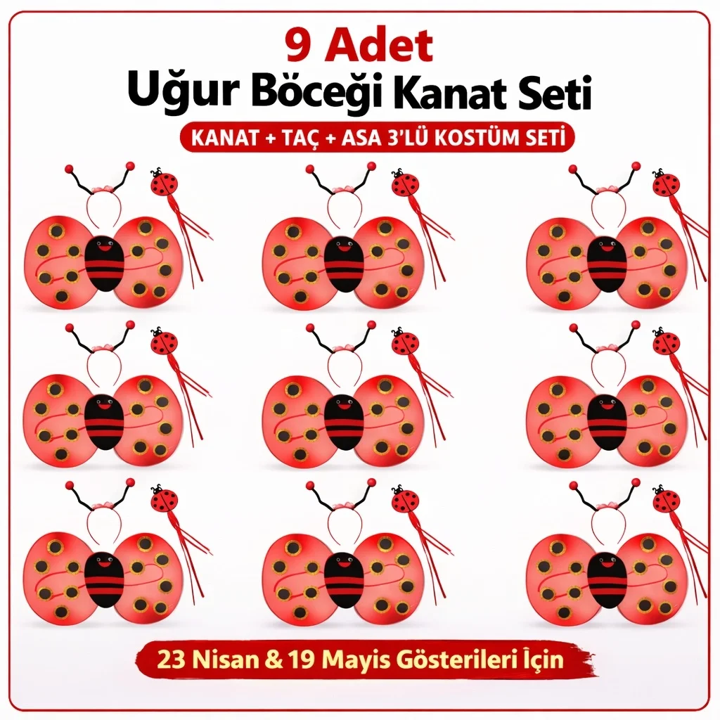 İthalat® 9’lu Uğur Böceği Kostüm Seti – Kanat Taç Asa