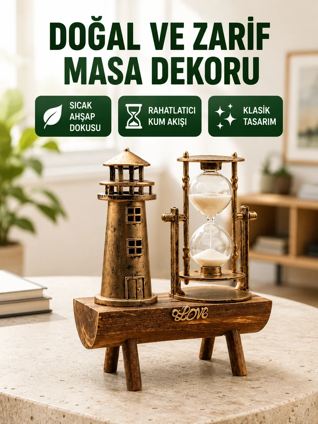 İthalat® Ahşap Gövdeli Deniz Feneri Formlu Kum Saati – 15x20 cm Masa Dekoru Yeni Nesil