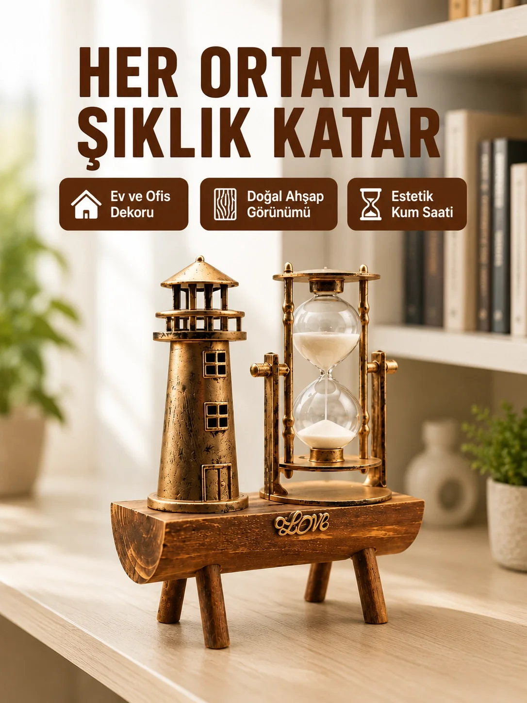 İthalat® Ahşap Kum Saati ve Deniz Feneri Figürü Bir Arada – Ev &amp; Ofis Dekorasyonu Yeni Nesil