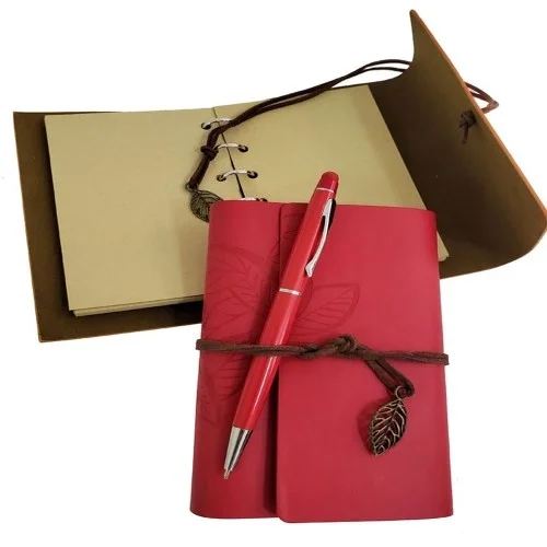 İthalat® Ahşap Kutulu Kırmızı Deri Defter ve Metal Kalem Set