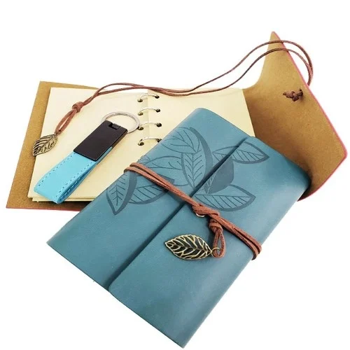 İthalat®  Ahşap Kutulu Mavi Deri Defter ve Anahtarlık Set