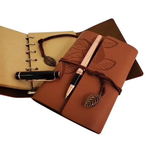 İthalat® Ahşap Kutulu Taba Renk Deri Defter ve Kalem Set