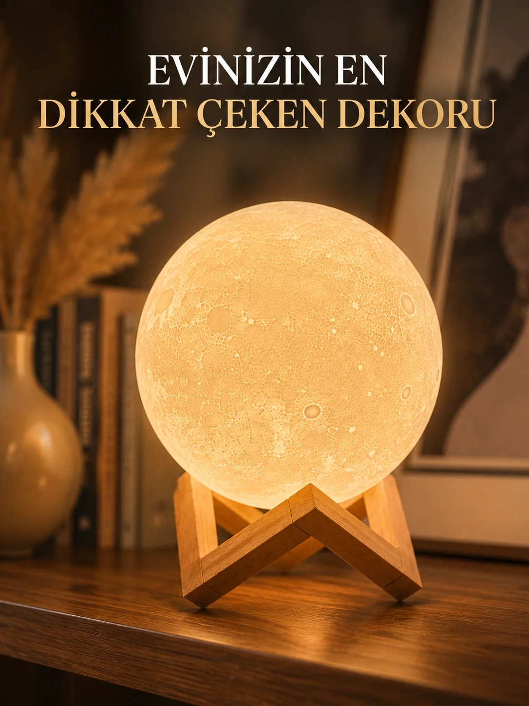 İthalat® Ahşap Standlı Ay Gece Lambası Ev ve Ofis Dekorasyon Lambası
