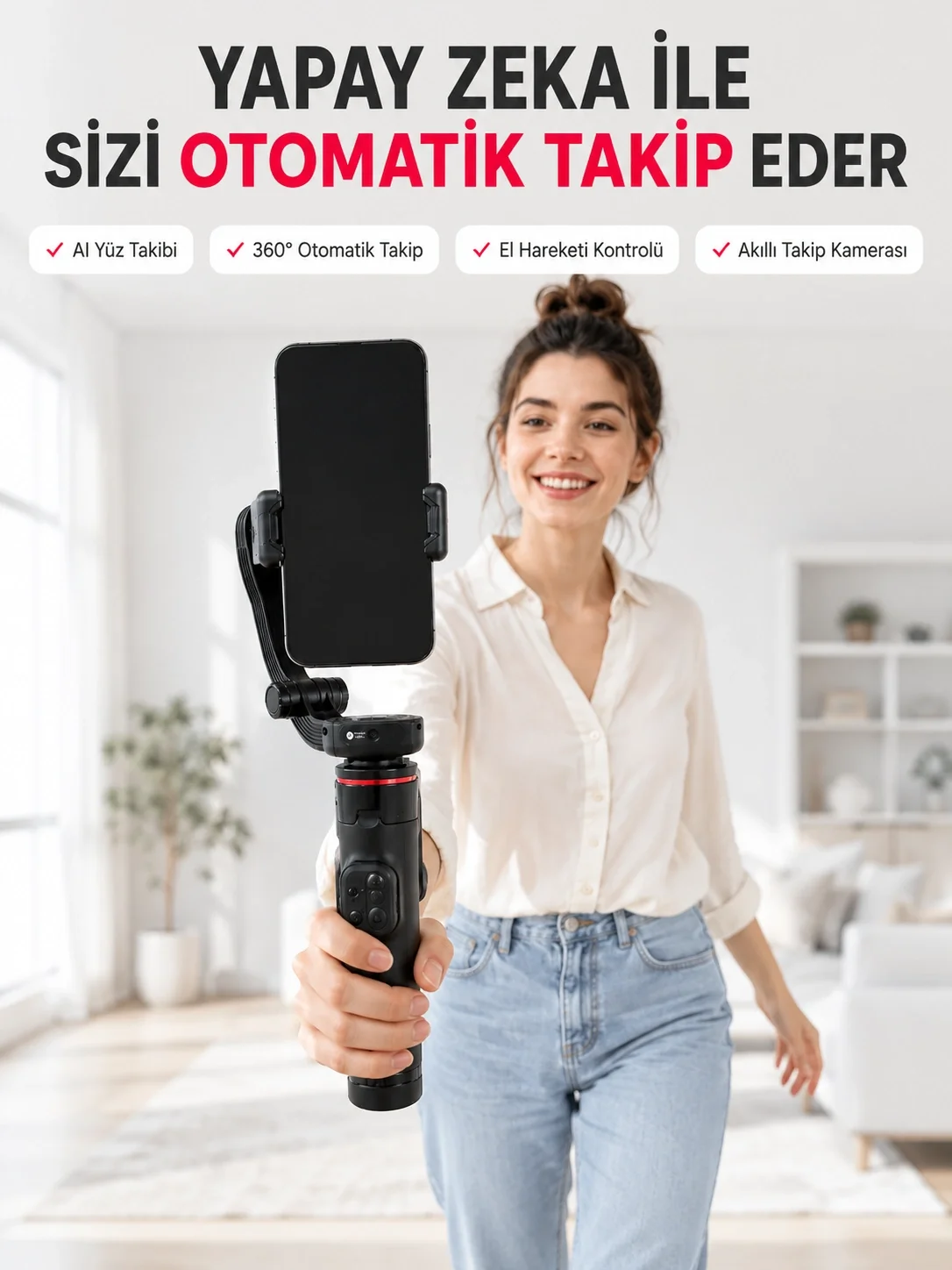 İthalat® AI Yüz Takip Özellikli Gimbal Selfie Stick 360° Dönebilen Telefon Tutucu Uzayabilir Bluetooth Kumandalı