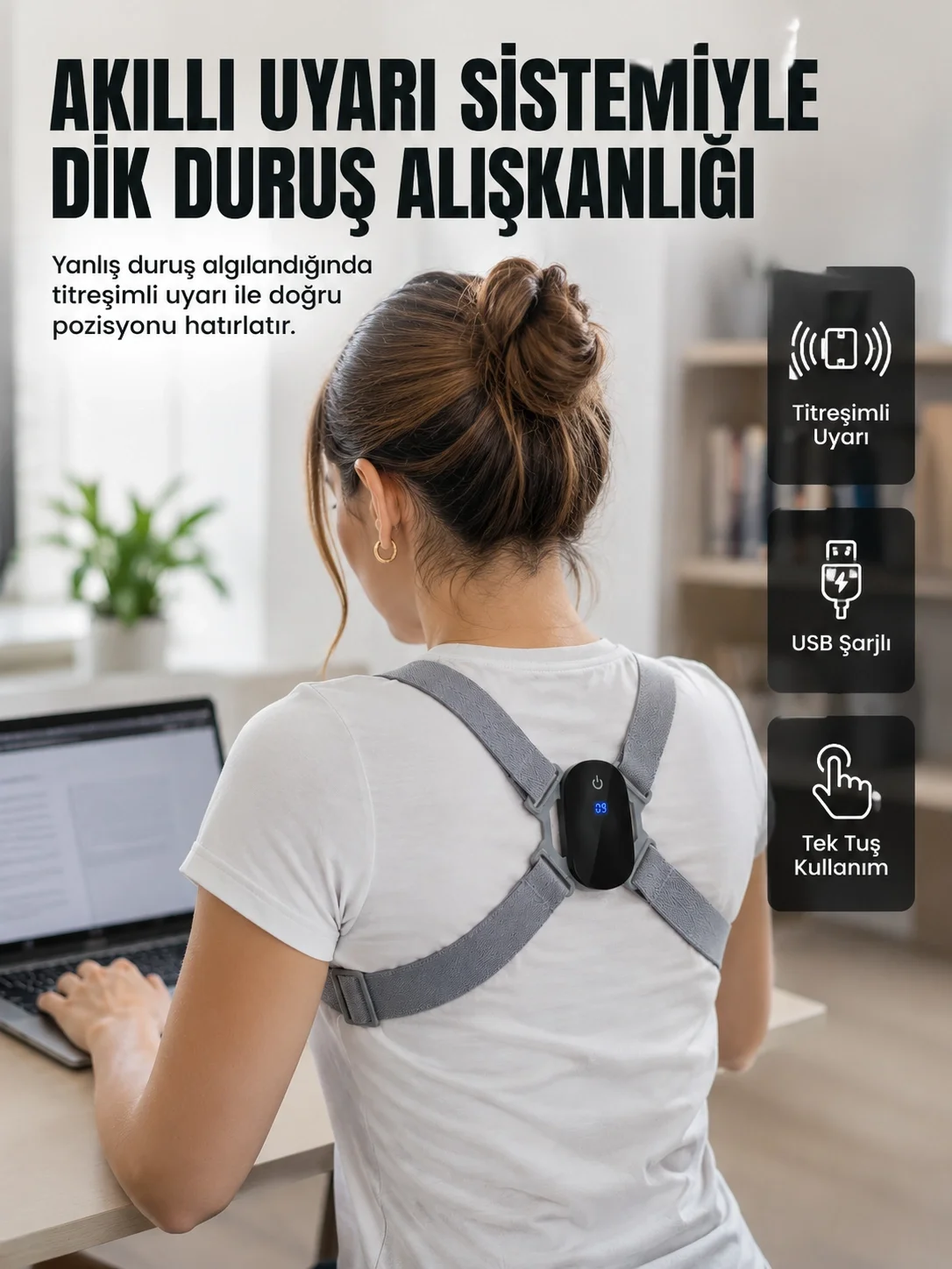 İthalat® Akıllı Dik Duruş Düzeltici Titreşim Uyarılı Şarjlı Destek Cihazı