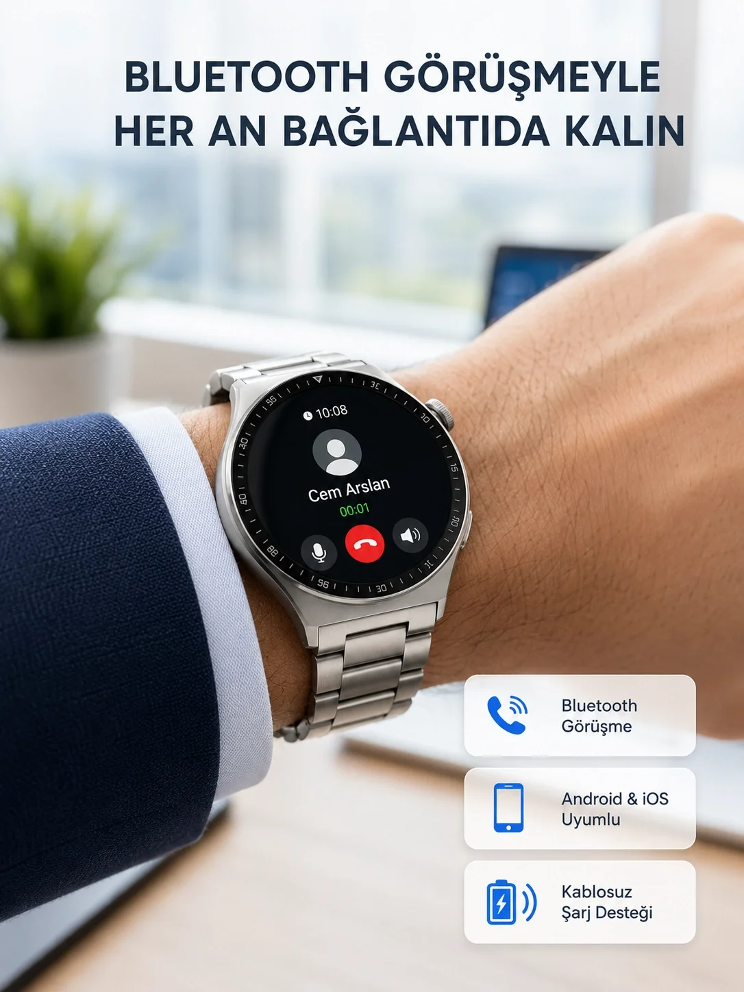 İthalat® Akıllı Saat NFC – Bluetooth Arama ve Kablosuz Şarj Özellikli