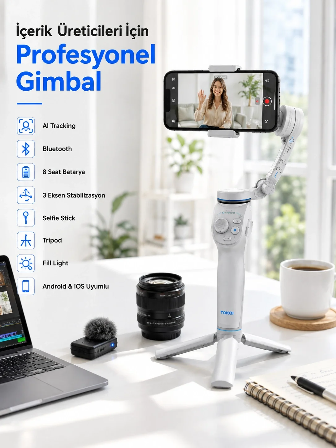 İthalat® Akıllı Telefon Gimbal Sabitleyici 360° Takip Özellikli Profesyonel Video Çekim Stabilizeri