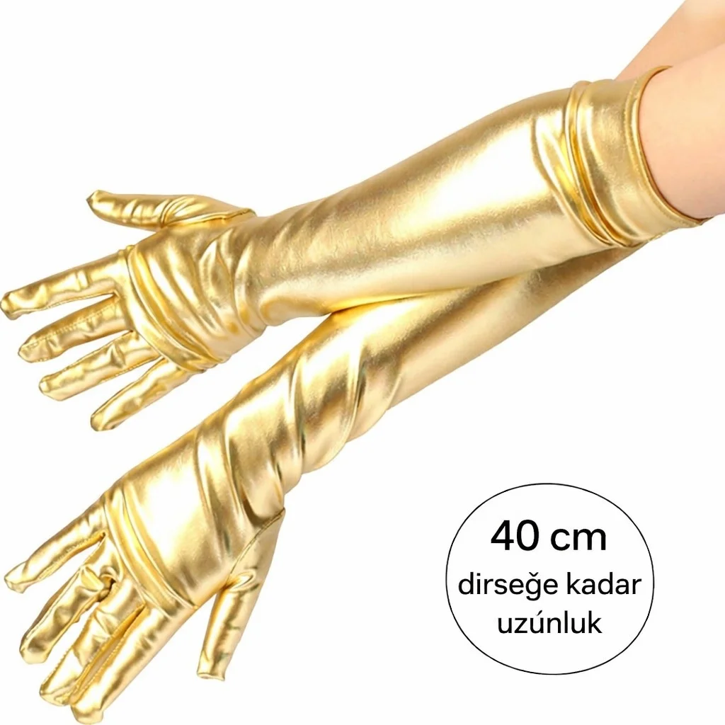 İthalat® Altın Renk Dirsek Altı Lüks Saten Eldiven 40 cm