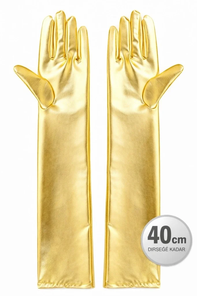 İthalat® Altın Renk Dirsek Altı Lüks Saten Eldiven 40 cm