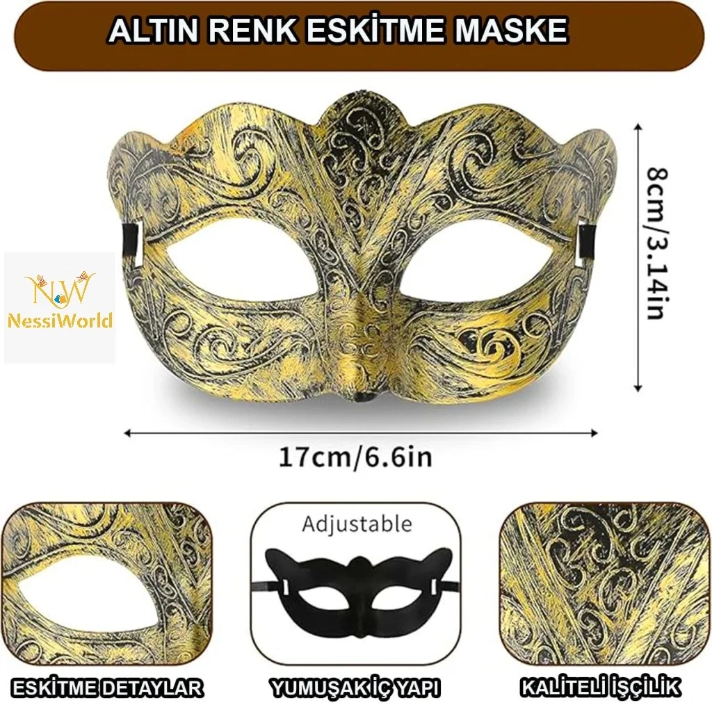 İthalat® Altın Renk Eskitme Maskeli Balo Maskesi – Venedik Tarzı Parti Maskesi
