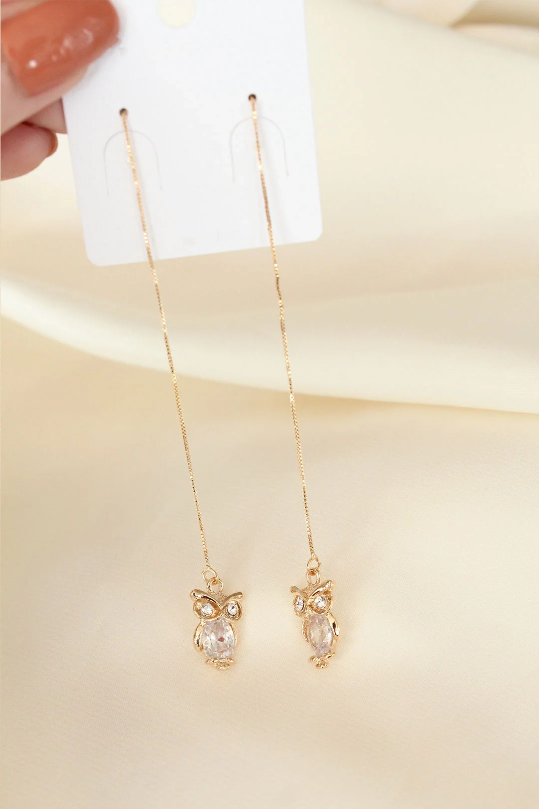 İthalat® Altın Renk Kristal Taşlı Uzun Sallantılı Baykuş Küpe