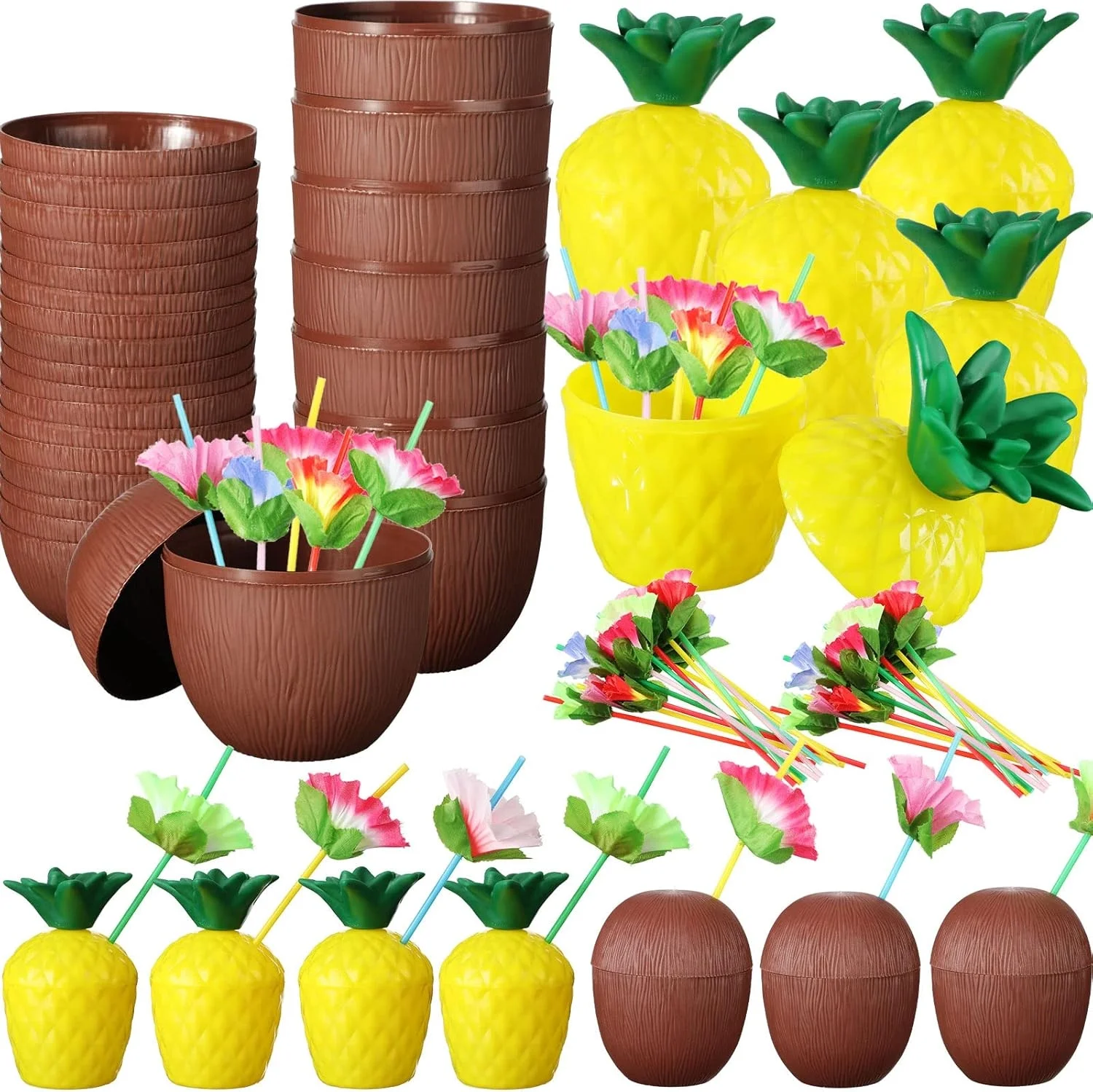 İthalat® Ananas &amp; Hindistan Cevizi Tasarımlı Pipetli Bardak Seti (6 Adet)