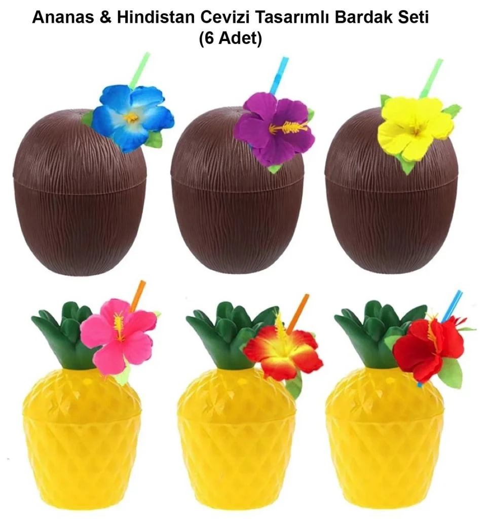 İthalat® Ananas&amp;Hindistan Cevizi Tasarımlı Pipetli Bardak Seti (6 Adet)