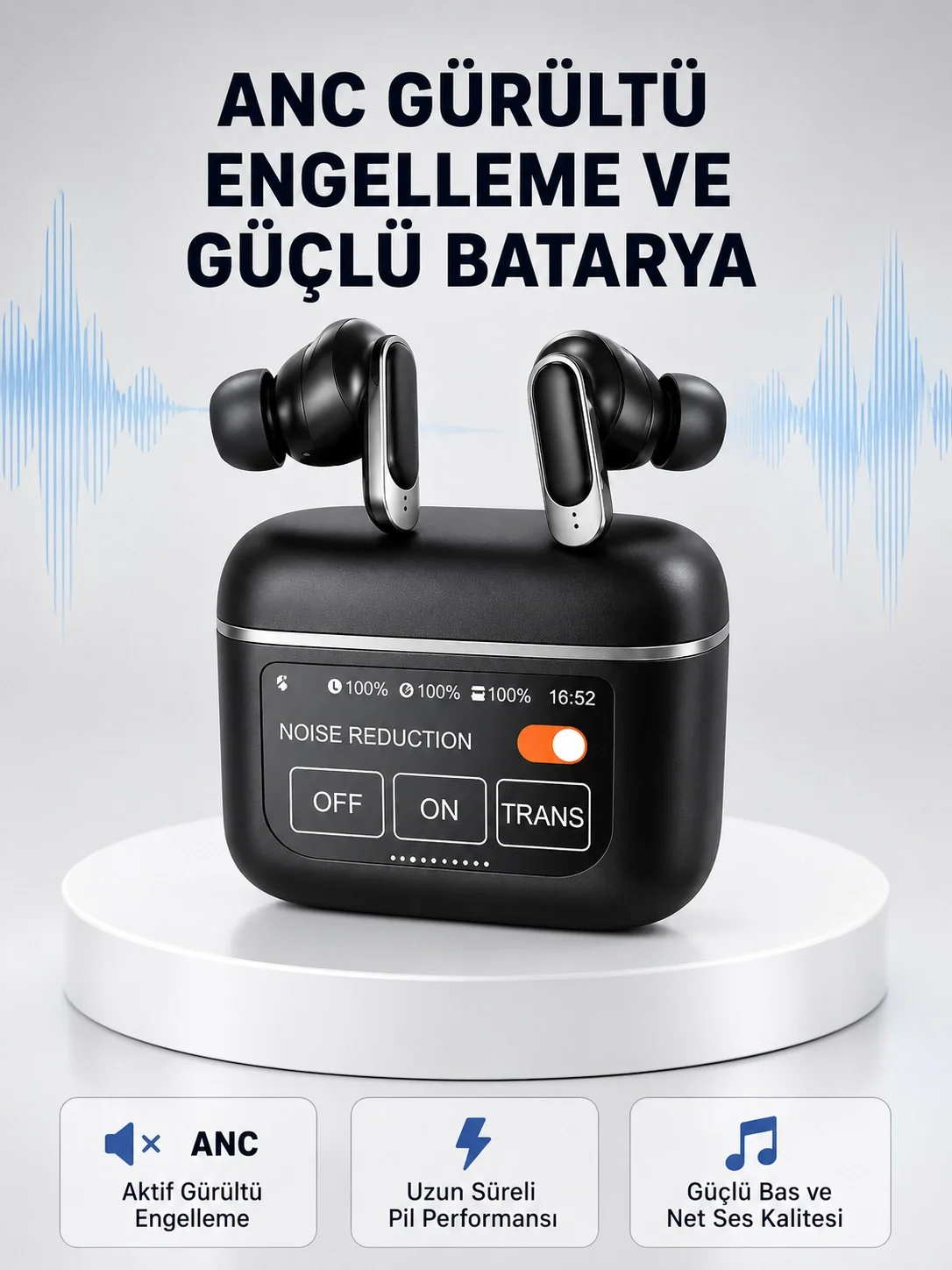 İthalat® ANC Teknolojili Kablosuz Bluetooth Kulaklık – Dokunmatik, Dijital Göstergeli, Yüksek Ses Kalitesi