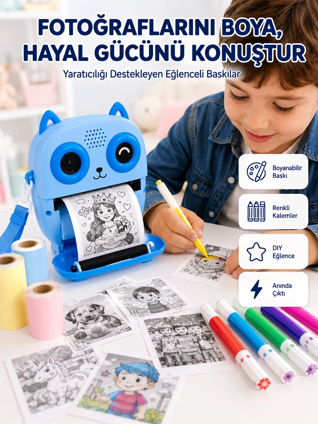 İthalat® Anında Fotoğraf Basan Çocuk Kamerası Eğitici ve Eğlenceli Termal Yazıcılı