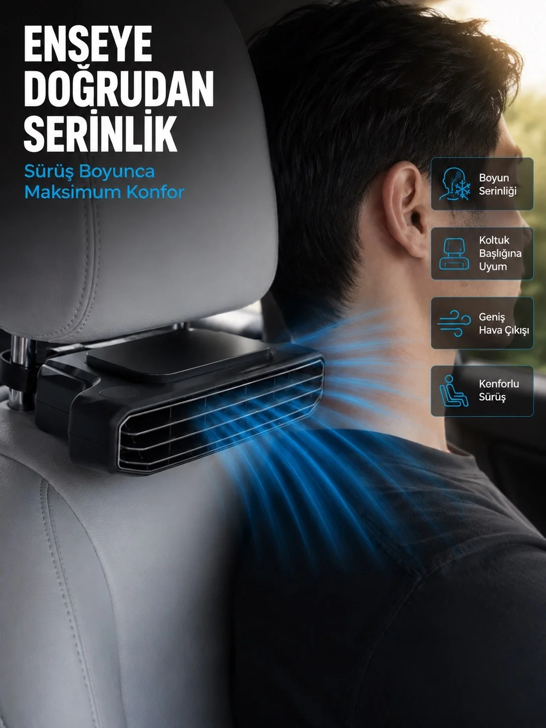 İthalat® Araç Koltuğu İçin 5 Hız Kademeli Soğutucu Fan Aroma Hazneli USB-C Şarjlı