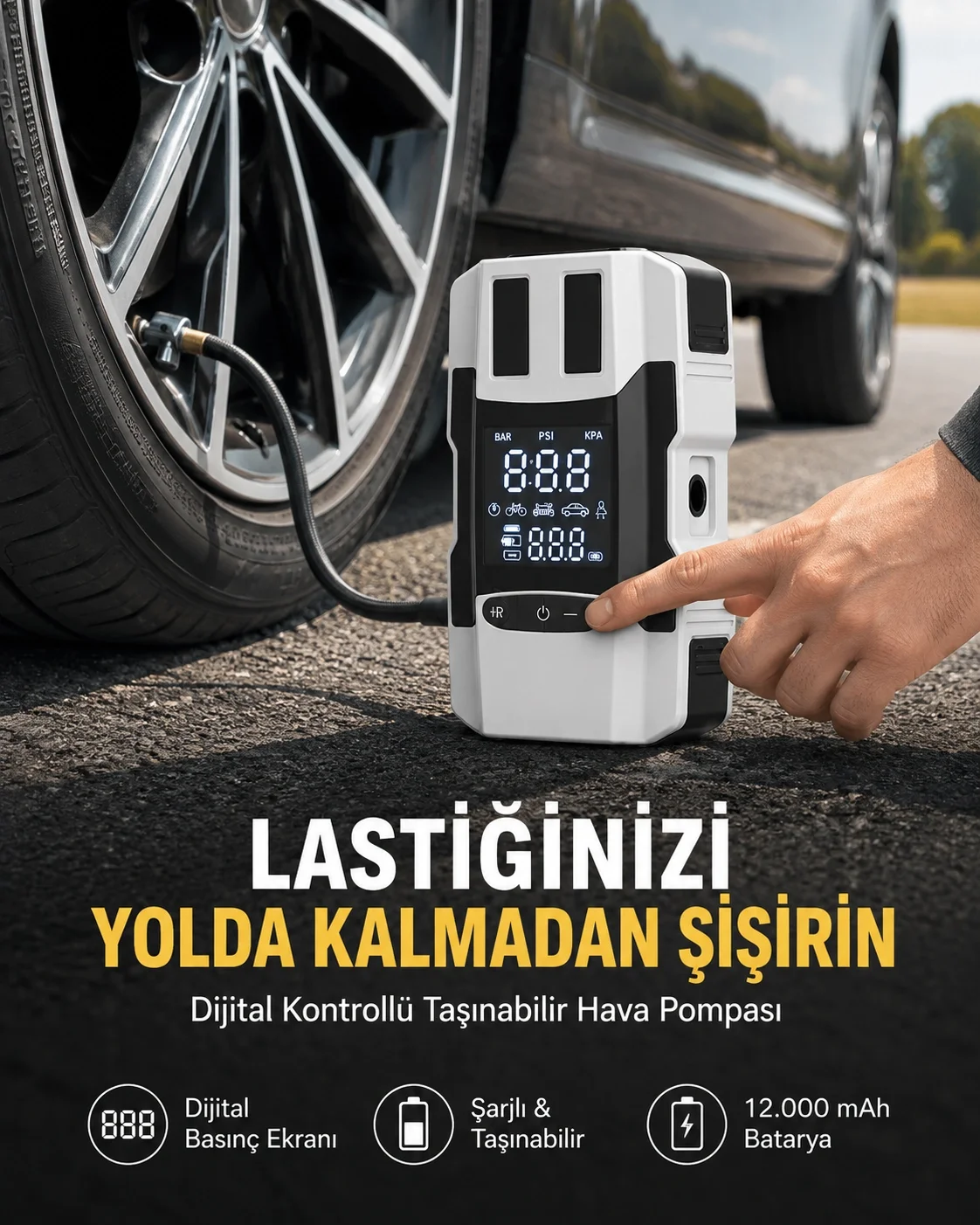 İthalat® Araç Lastik Şişirme Pompası ve Akü Takviye Powerbank Bir Arada Yeni Nesil