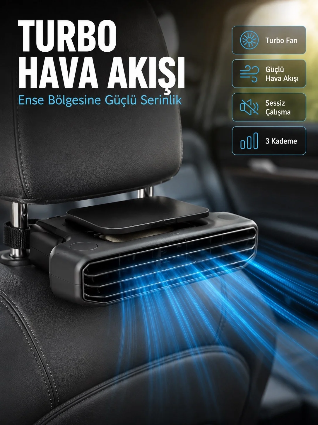 İthalat® Aroma Hazneli Araç Koltuk Başlığı Fanı 5 Kademeli Güçlü Hava Akışı Sunan Soğutucu