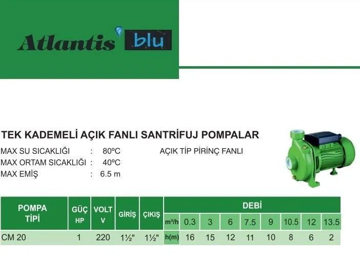 İthalat® Atlantis CM20 1 HP Tek Kademeli Santrifuj Pompa