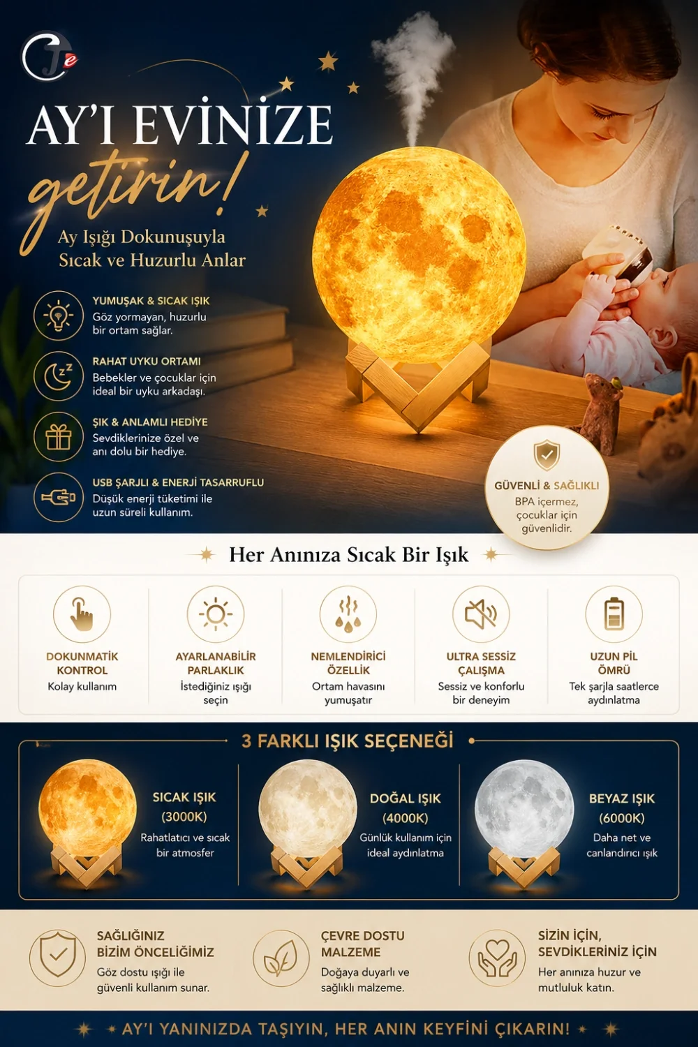 İthalat® Ay Tasarımlı Aromaterapi Difüzör LED Işıklı Ultrasonik Hava Nemlendirici Sessiz Çalışan Buhar Difüzörü Gece Lambası İthalat® Ay Tasarımlı Aromaterapi Difüzör LED Işıklı Ultrasonik Hava Nemlendirici Sessiz Çalışan Buhar Difüzörü Gece Lambası