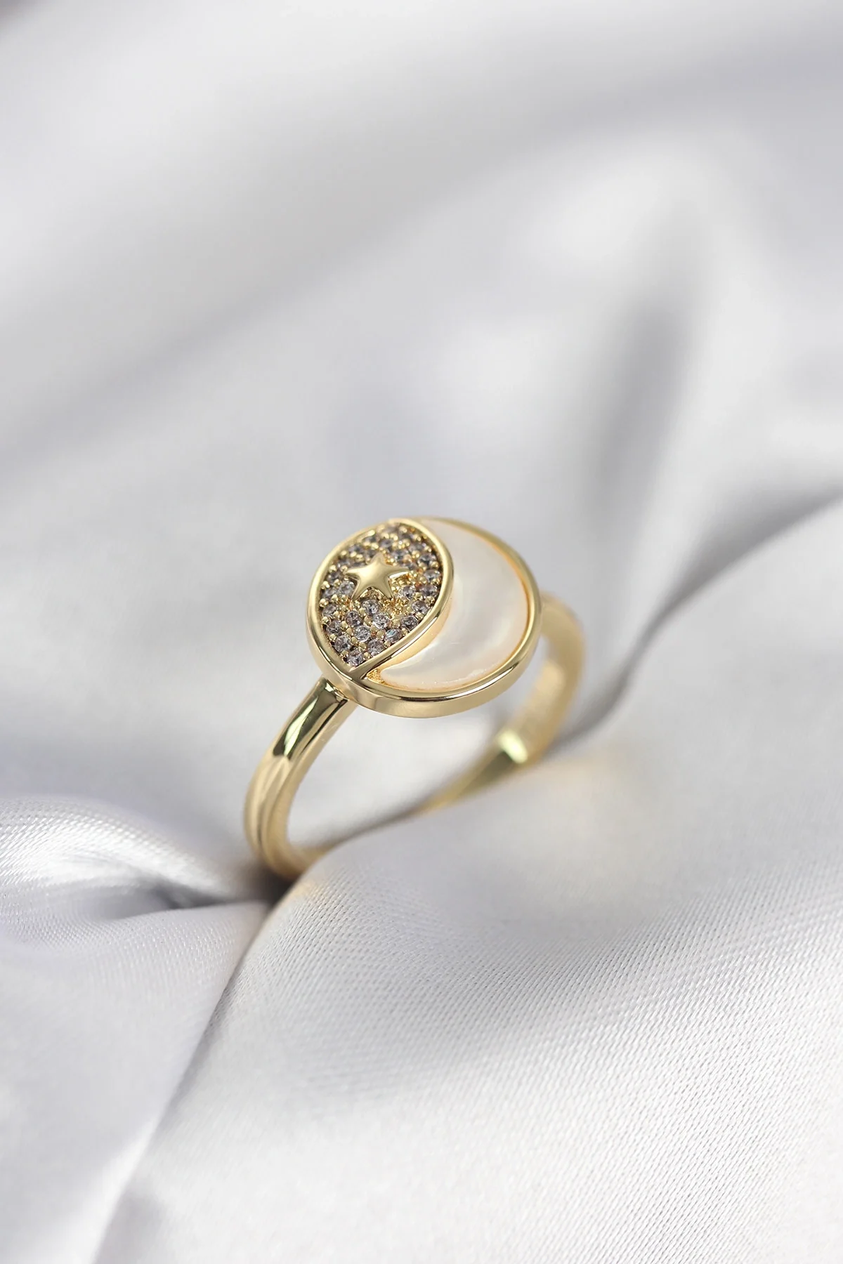 İthalat® Ay Yıldız Model Gold Renk Zirkon Taşlı Kadın Yüzük