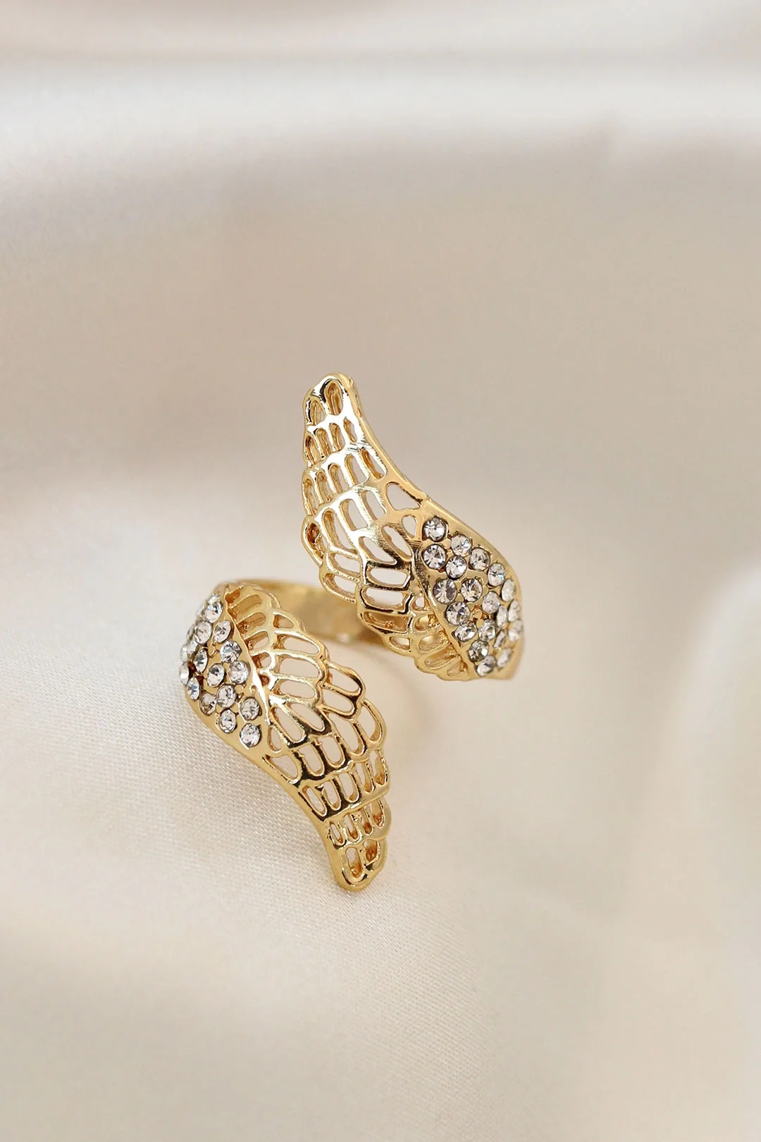 İthalat® Ayarlamalı Gold Renk Metal Zirkon Taşlı Kanat Yüzük