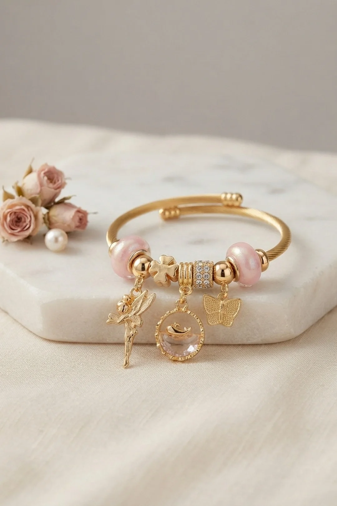 İthalat® Balık ve Tinker Bell Model Pembe Charmlı Bileklik