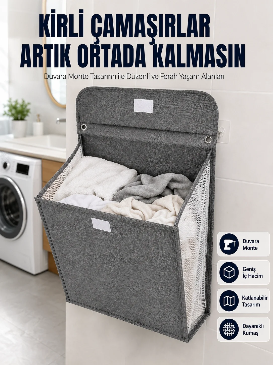 İthalat® Banyo ve Çamaşır Odası İçin Duvara Asılan Katlanabilir Çamaşır Sepeti
