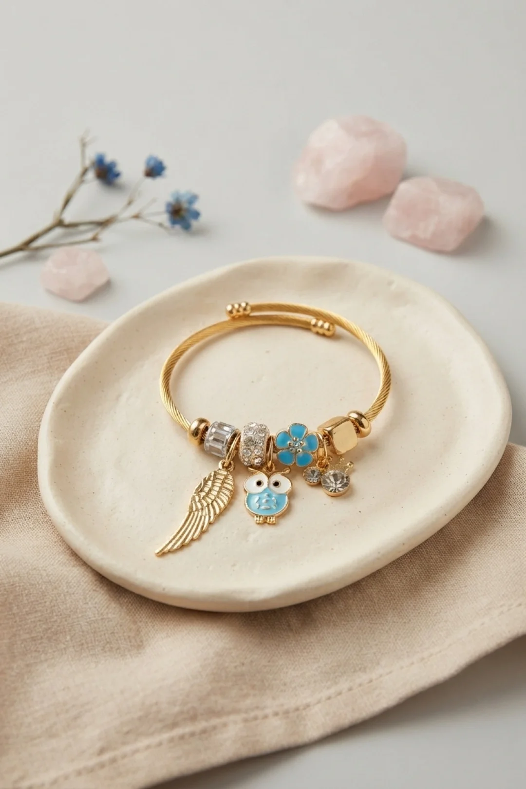 İthalat® Baykuş Model Gold Renk Charmlı Bileklik