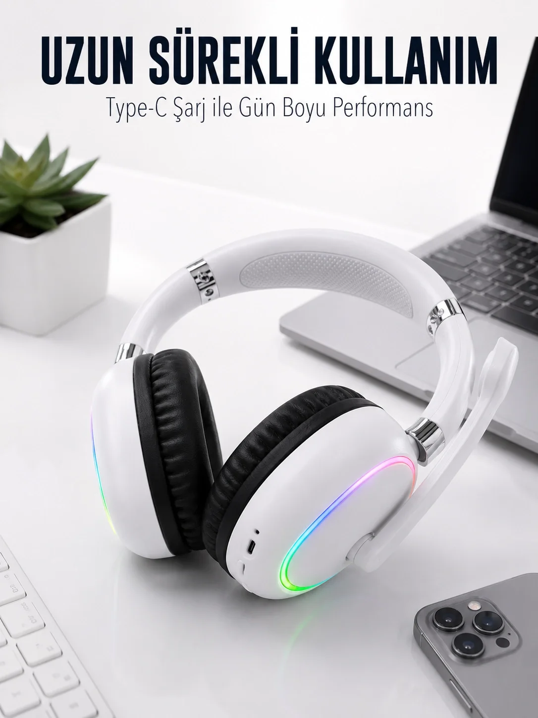 İthalat® Beyaz Bluetooth 5.0 Mikrofonlu Kablosuz Kulak Üstü Kulaklık RGB Işıklı Type-C Şarjlı