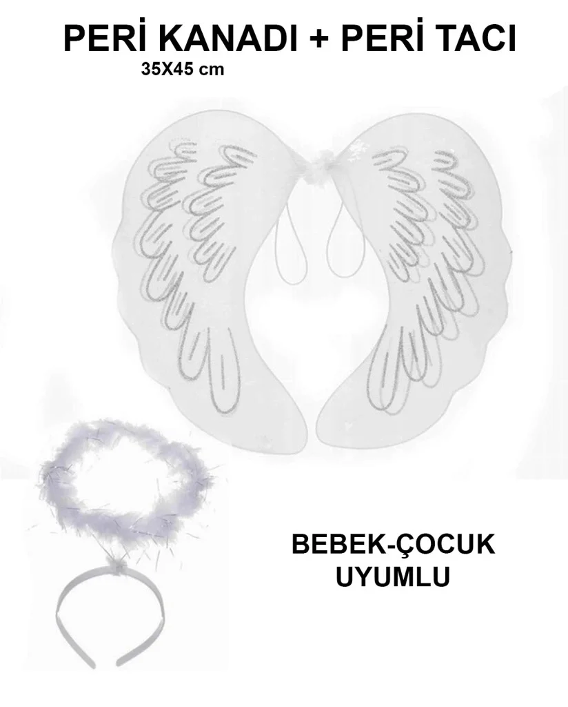 İthalat® Beyaz Dantel Tüllü Peri Kanadı ve Peri Tacı Seti 45x40 cm