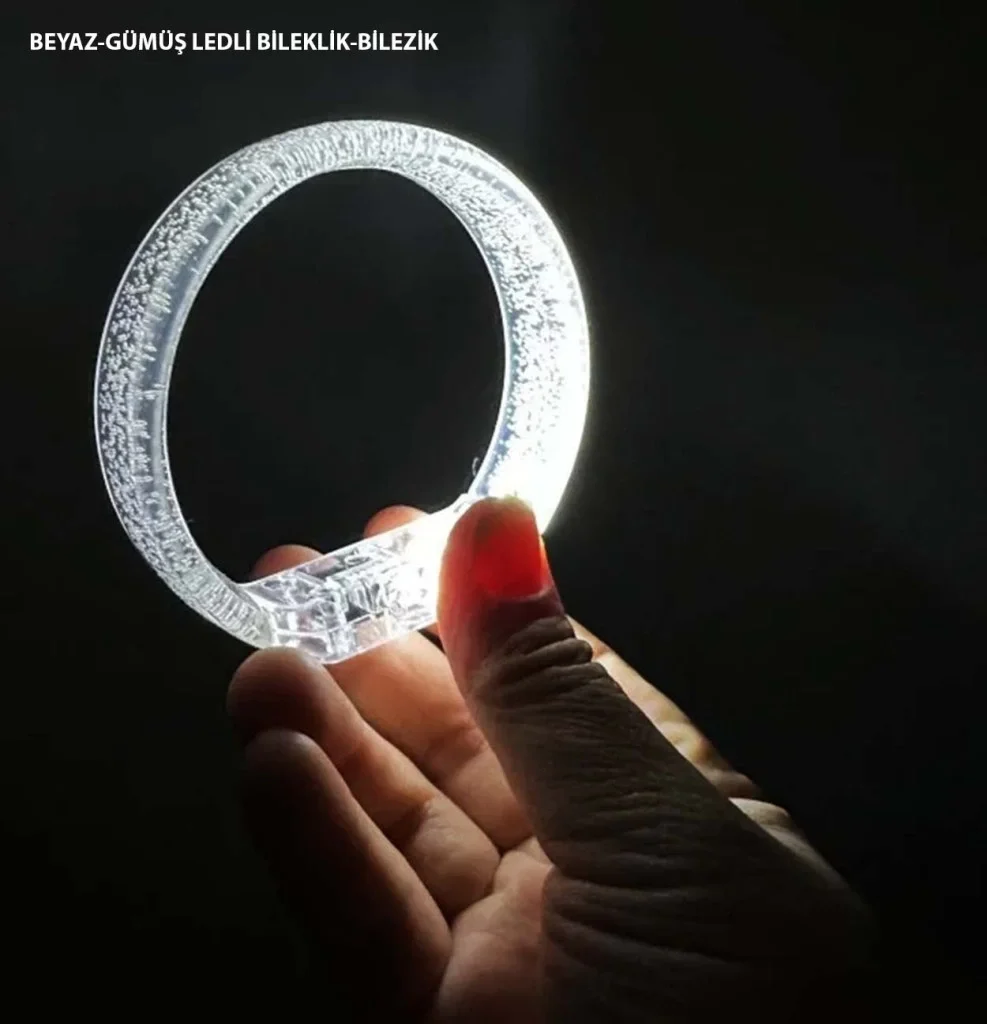 İthalat® Beyaz-Gümüş Led Işıklı Baskı Yapılabilen Pilli Bileklik Bilezik 1,5 cm Genişlik