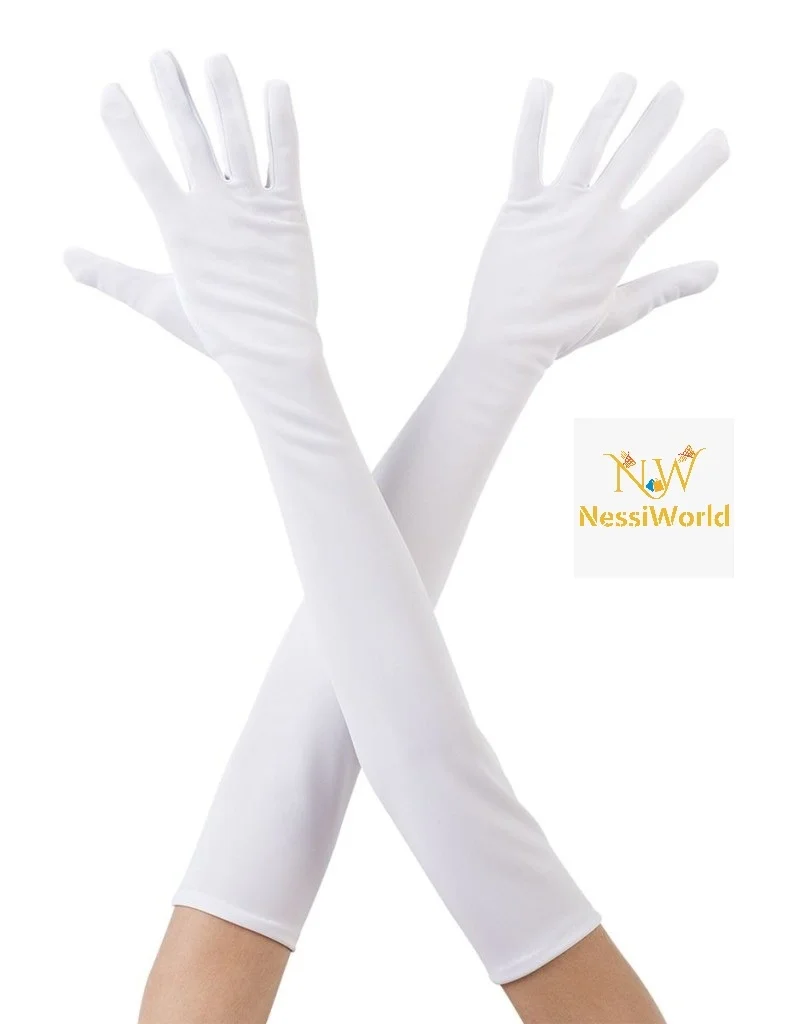 İthalat® Beyaz Renk Dirseğe Kadar Uzun Kumaş Eldiven 40 cm