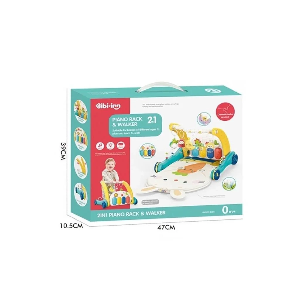 İthalat® BIB6015 -Piyanolu 2 in 1 Bebek Yürüteci ve Tavşan Desenli Mavi Oyun Halısı