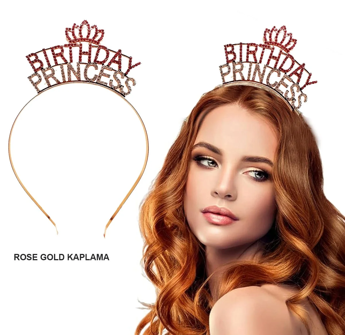 İthalat® Birthday Princess Kristal Taç – Rose Gold Kaplama