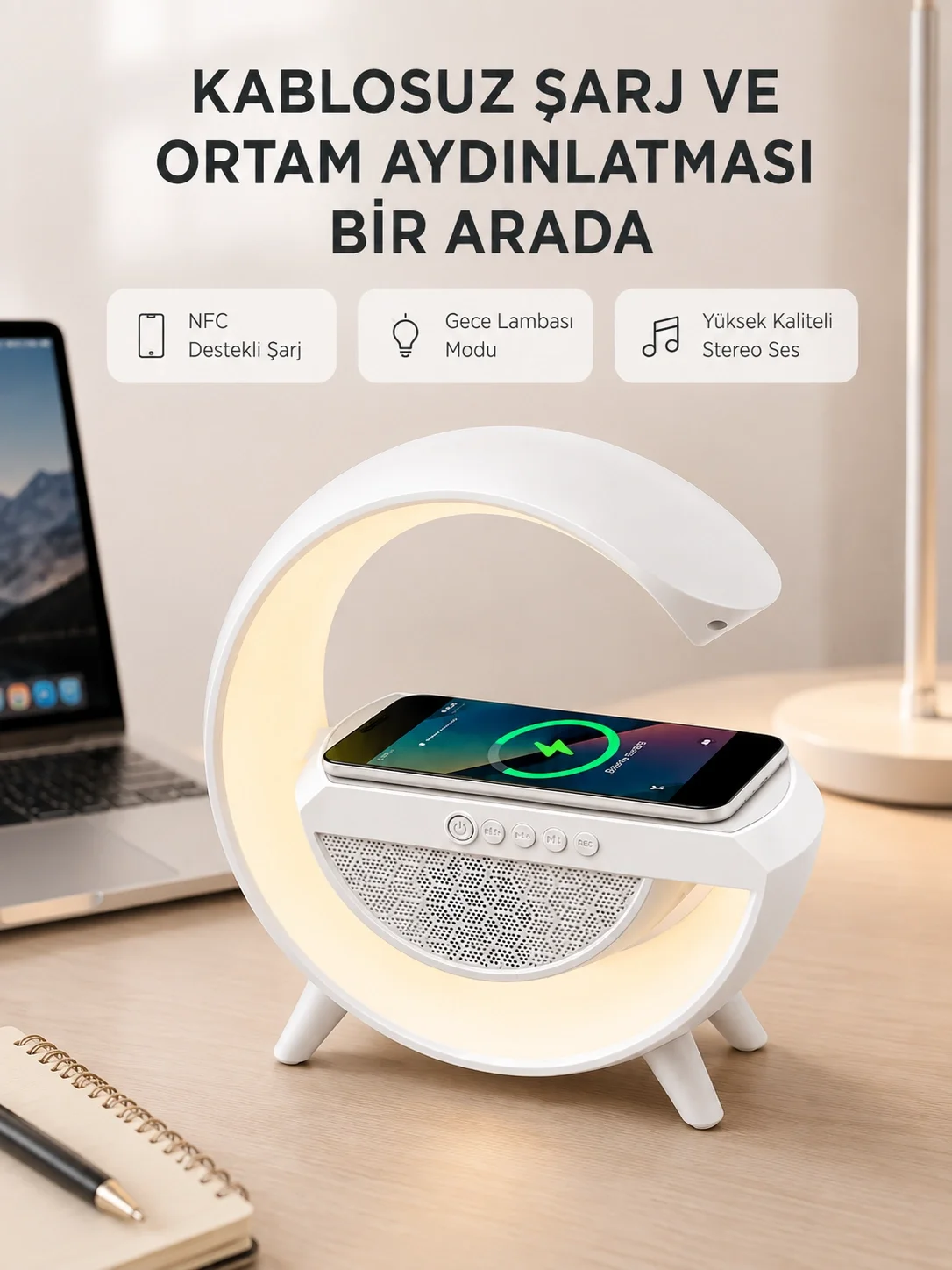İthalat® Bluetooth 5.0 Hoparlör – Kablosuz Şarj, RGB Gece Lambası ve FM Radyo