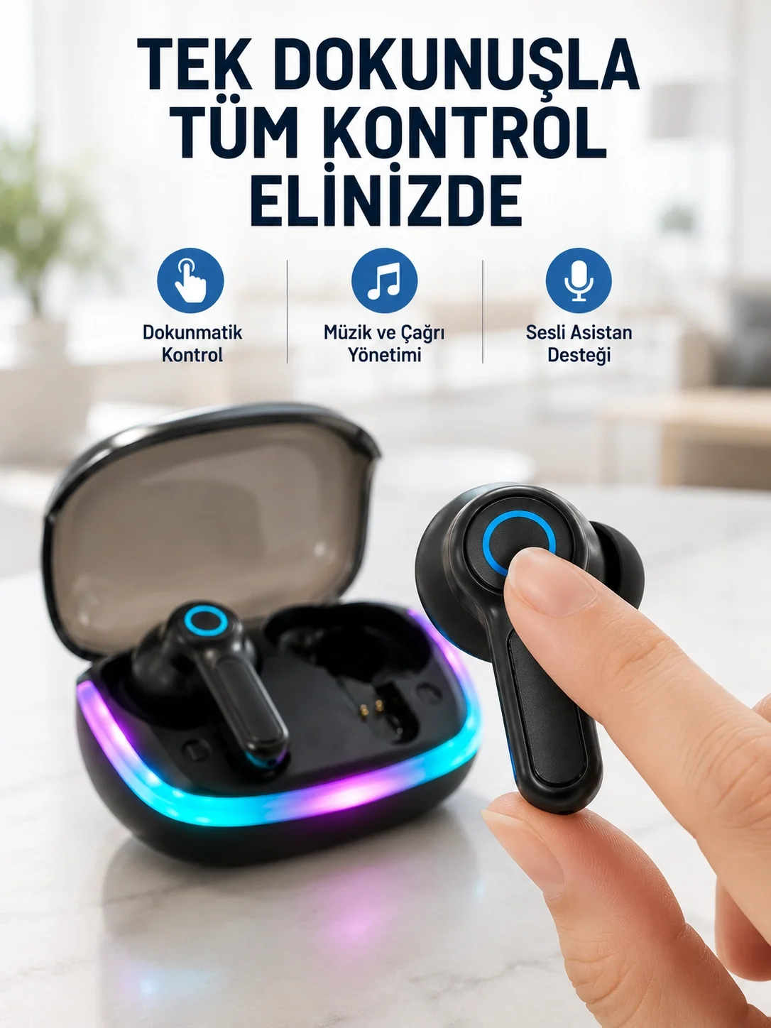 İthalat® Bluetooth 5.4 TWS Kablosuz Kulaklık Quad ENC Mikrofonlu RGB Şarj Kutulu HD Ses