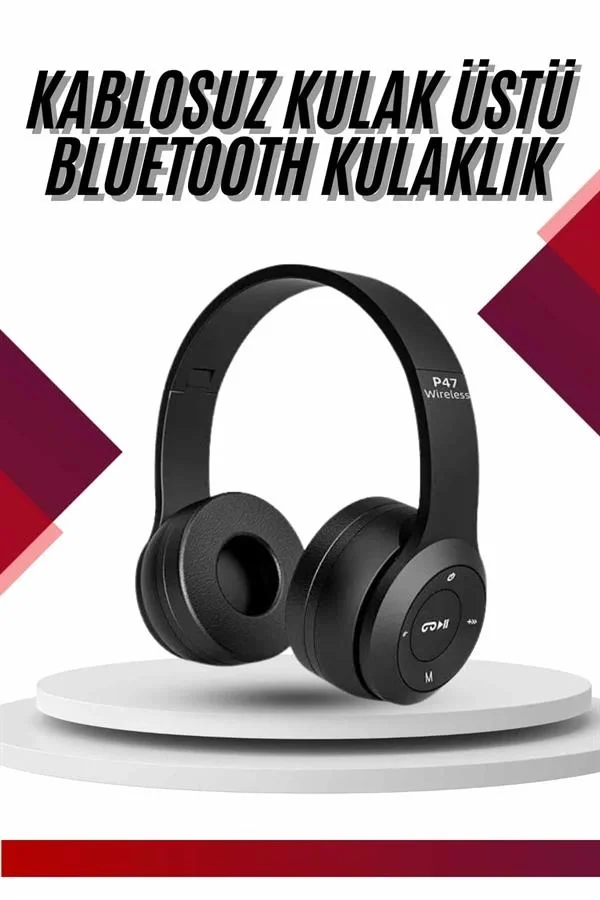 İthalat® Bluetooth Kablosuz Kulaklık Siyah Wireless 5.0 Kulak Üstü Uzun Pil Ömrü