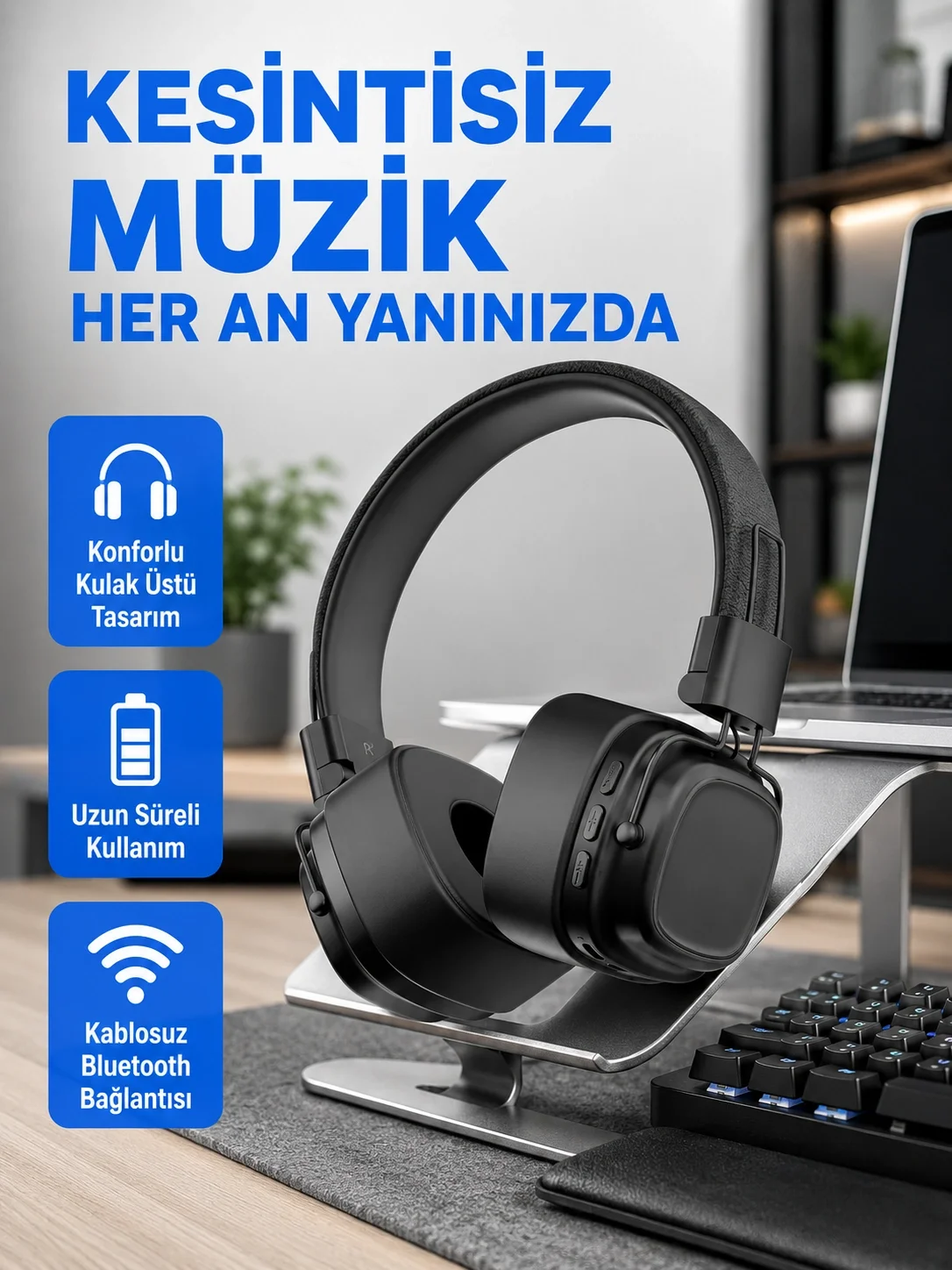 İthalat® Bluetooth Kablosuz Kulak Üstü Kulaklık Katlanabilir Konforlu ve Şık Tasarımlı