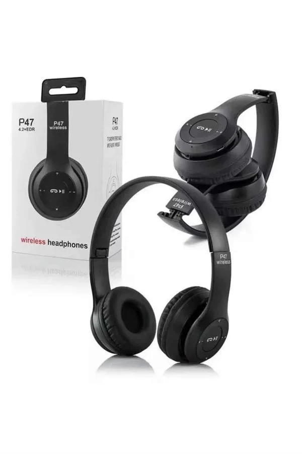İthalat® Bluetooth Kablosuz Kulaklık Siyah Wireless 5.0 Kulak Üstü Uzun Pil Ömrü