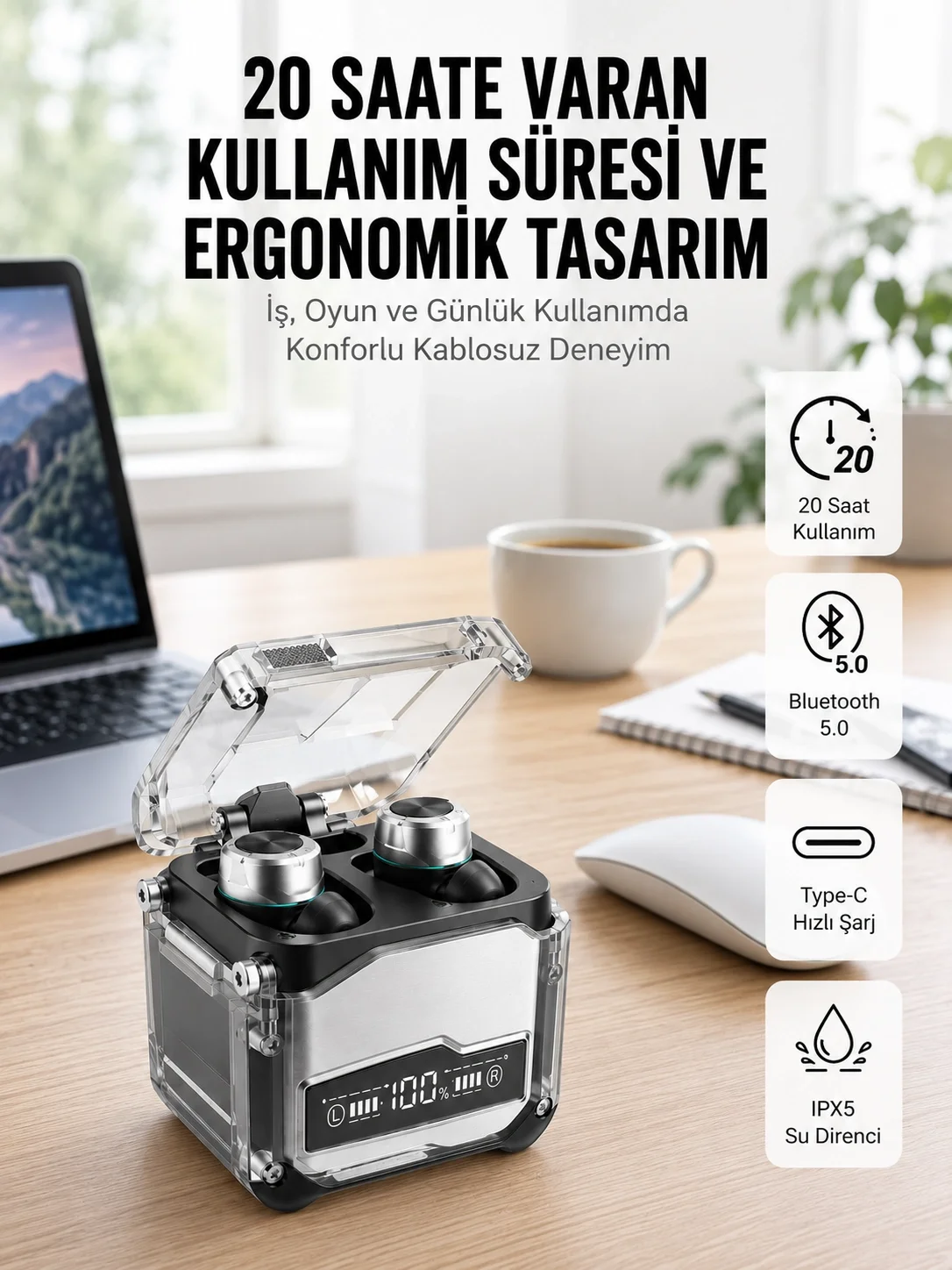 İthalat® Bluetooth Kulaklık Dokunmatik Kontrol Tws kablosuz kulaklık Hi-fi Stereo