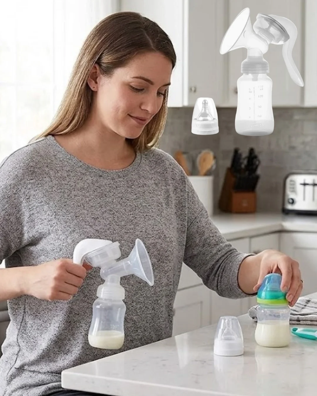 İthalat® BPA İçermez Manuel Anne Sütü Pompası Biberon Başlıklı Ergonomik